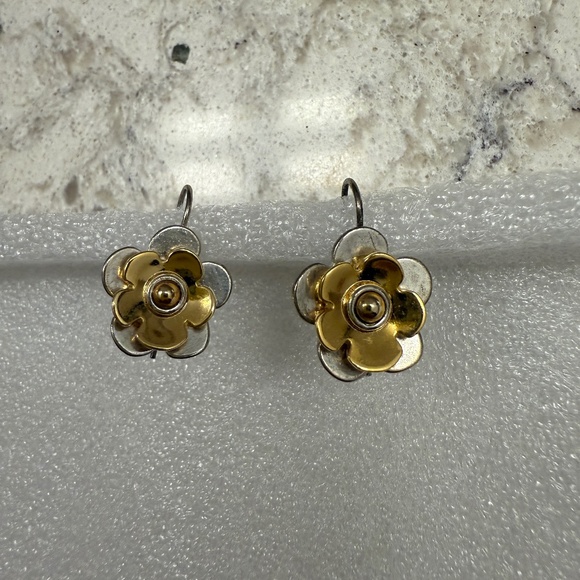Two Tone Flower hook drop  earrings - Picture 1 of 6